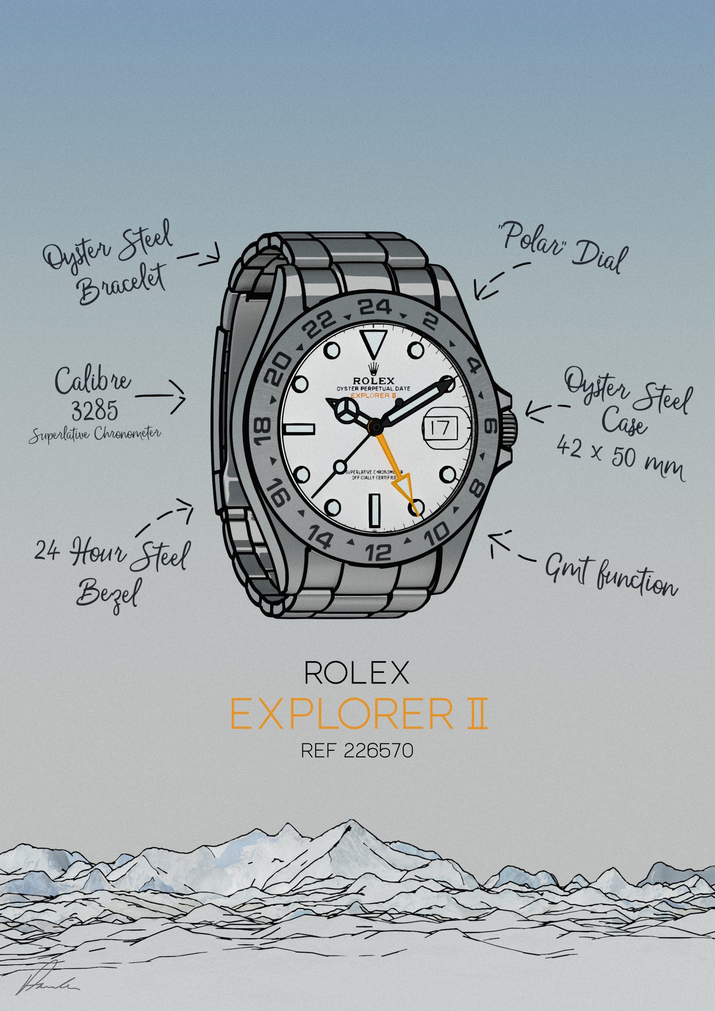 Rolex Explorer II Art Print. An icon within the Rolex catalog and history. This latest reference, the 226570, is the perfect tool watch to wear when amongst vast mountain ranges.
These prints make the perfect gift idea for the watch collector in your life.
Printed on premium Giclée 308 (GSM) paper, your print will be gallery quality.
All prints are made to order and come with a certificate of authenticity.