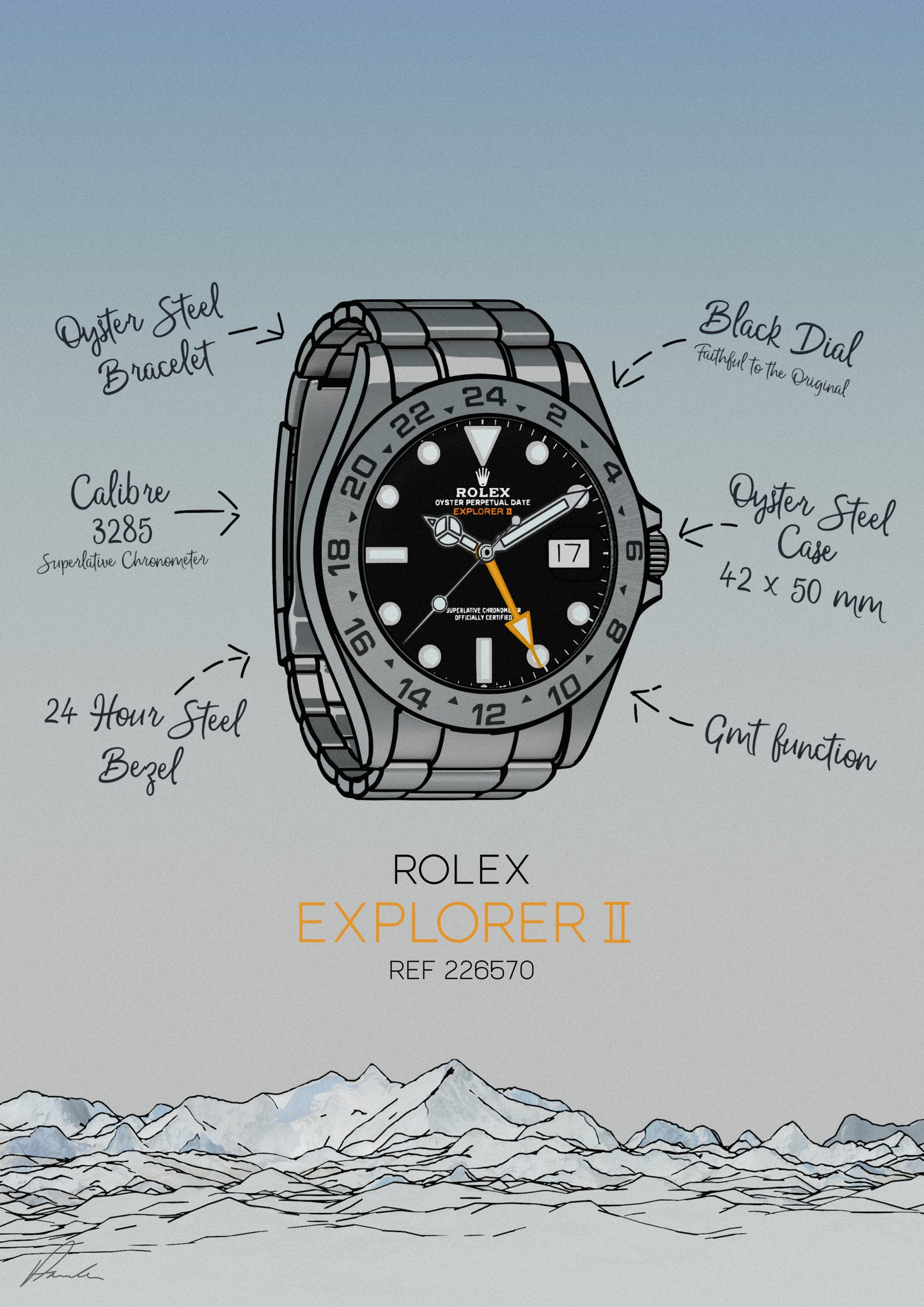 Rolex Explorer II Art Print. An icon within the Rolex catalog and history. This latest reference, the 226570, is the perfect tool watch to wear when amongst vast mountain ranges.
These prints make the perfect gift idea for the watch collector in your life.
Printed on premium Giclée 308 (GSM) paper, your print will be gallery quality.
All prints are made to order and come with a certificate of authenticity.